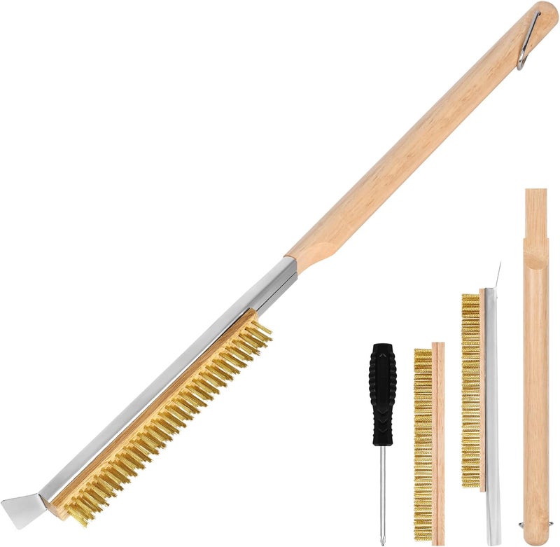Aolso Pizza Oven Brush, 26" Brush and Stainless Steel Scraper for Pizza Stone, BBQ Grill Cleaning Brush Non Scratch Heat Proof Brass Bristles with Screwdriver, Outdoor Pizza Oven Accessories - Image 1